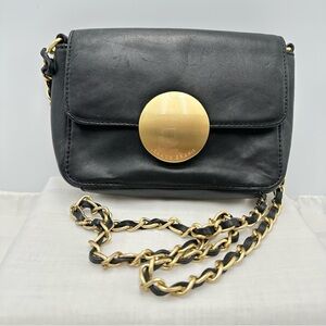 Isaac Mizrahi! Black Small Leather Crossbody Chain Strap Gold Medallion Logo